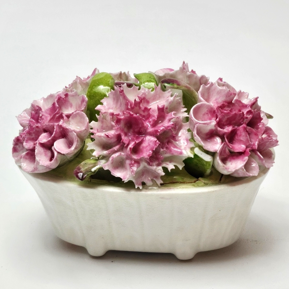 Vtg Aynsley England August Carnation Porcelain Flower Basket W/ Pink Carnations
